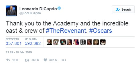 Tweet de Leonardo DiCaprio en los premios Oscar